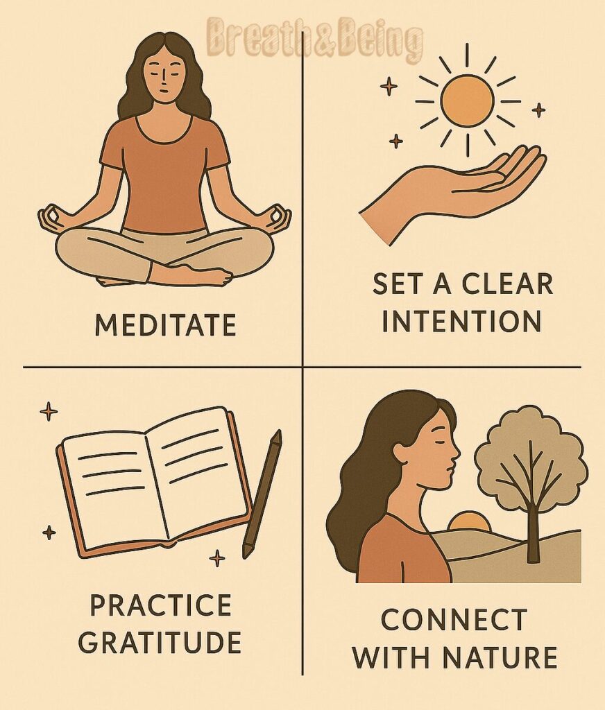 Infographic illustrating four daily spiritual habits: meditating, setting a clear intention, practicing gratitude, and connecting with nature, each shown in a minimalist, earthy-toned design.