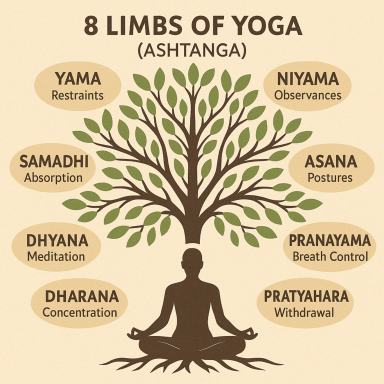Illustrating the 8 limbs of Yoga according to Patanjali's Yoga Sutras