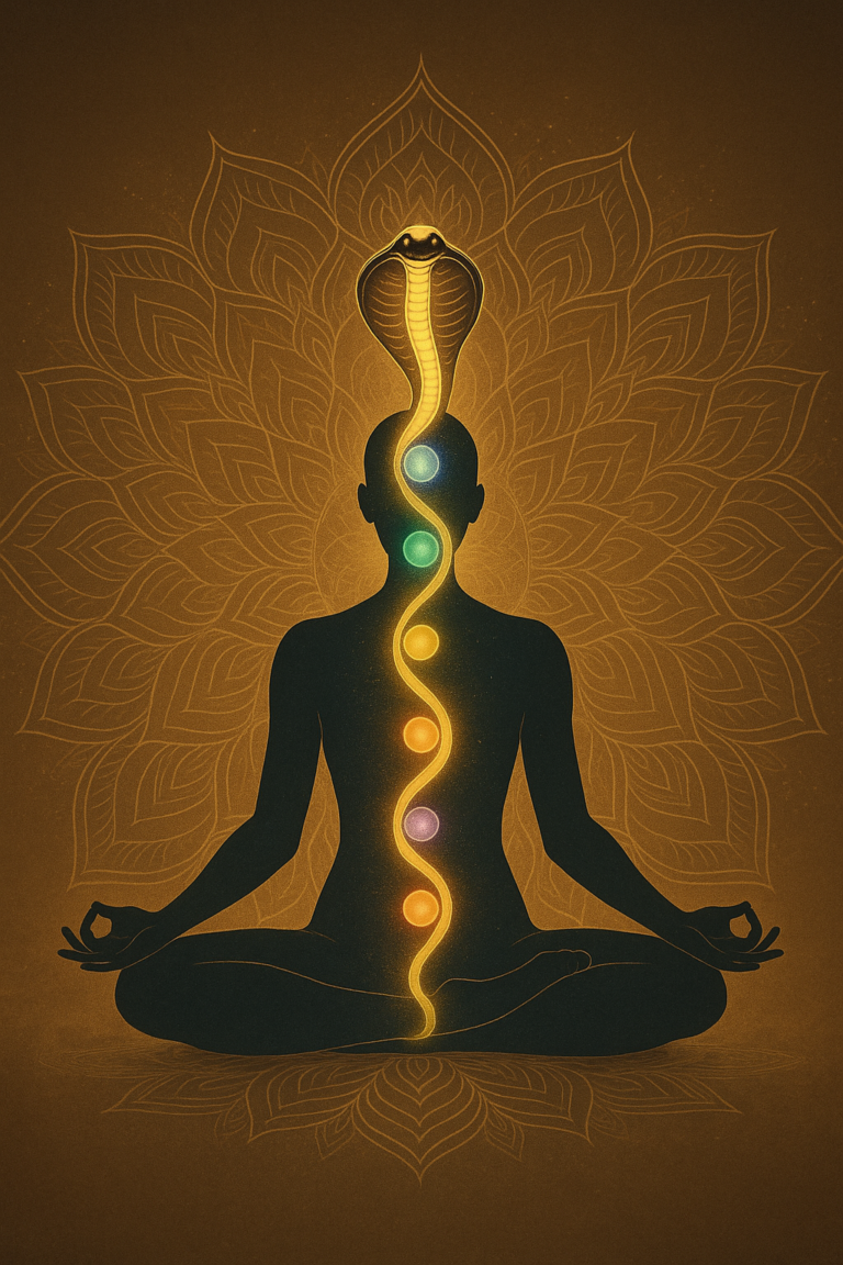 Illustration of a coiled serpent shaped Kundalini rising from lower chakras to higher chakras