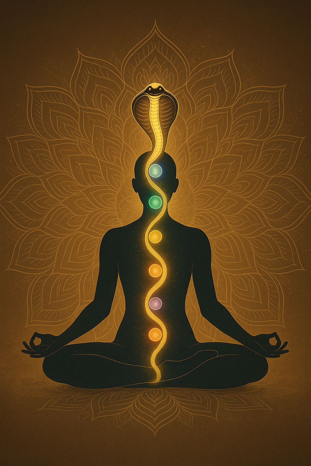 Illustration of a coiled serpent shaped Kundalini rising from lower chakras to higher chakras