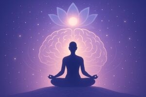 Spiritual illustration of a meditative silhouette with a glowing brain and lotus flower, symbolizing mindfulness and inner awareness
