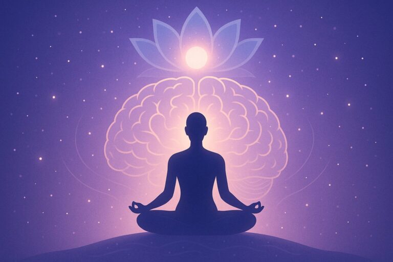 Spiritual illustration of a meditative silhouette with a glowing brain and lotus flower, symbolizing mindfulness and inner awareness