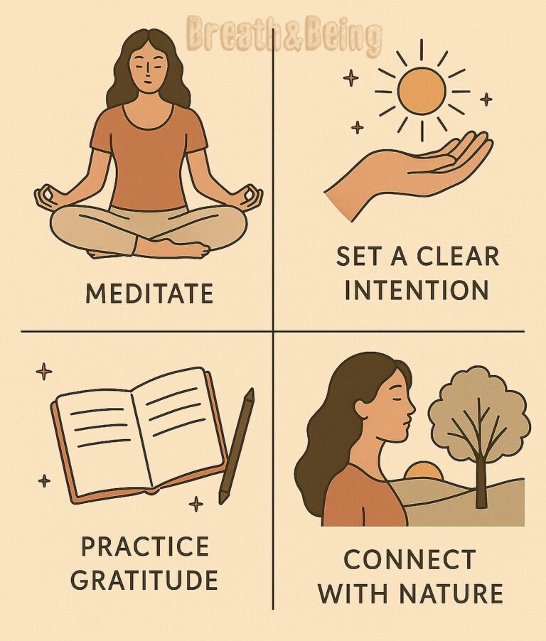 Infographic illustrating four daily spiritual habits: meditating, setting a clear intention, practicing gratitude, and connecting with nature, each shown in a minimalist, earthy-toned design.