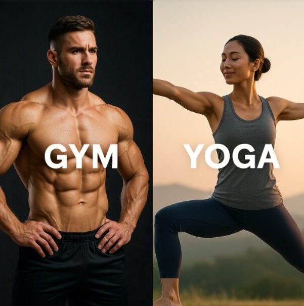 Muscular man with defined abs posing shirtless in gym shorts, representing gym strength training, A fit, flexible woman practicing a yoga pose outdoors, symbolizing balance and mindfulness.