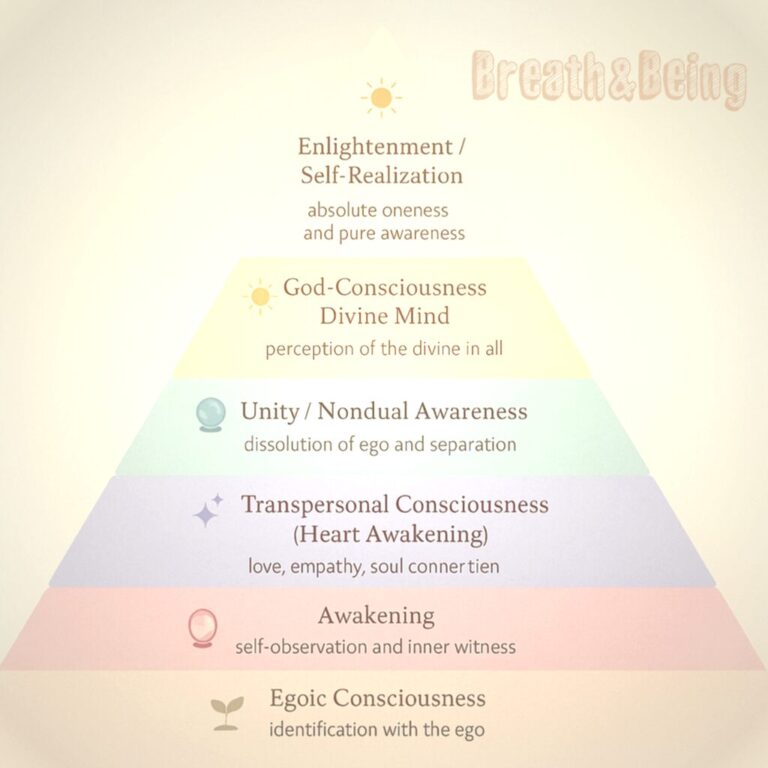 A soft-toned pyramid diagram illustrating six levels of spiritual consciousness, from ego-based identity at the base to enlightenment at the peak. Each layer is labeled with its respective stage and colored in light, calming hues.