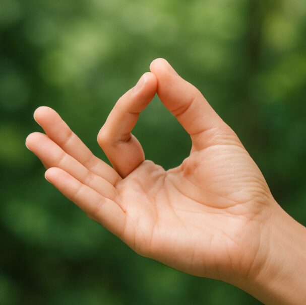 A human hand forming the Gyan Mudra with the tip of the thumb and index finger touching, while the other three fingers remain extended, set against a plain background.